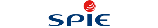 Logo mit blauem Schriftzug "SPIE" und kleinem abstraktem Symbol als i-Punkt in rot